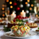 Olivier salad ingredients layered with potatoes, carrots, eggs, pickles, peas, and mayonnaise