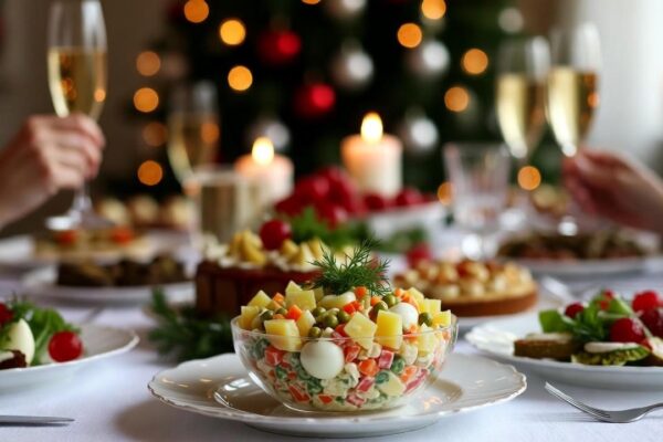 Olivier salad ingredients layered with potatoes, carrots, eggs, pickles, peas, and mayonnaise